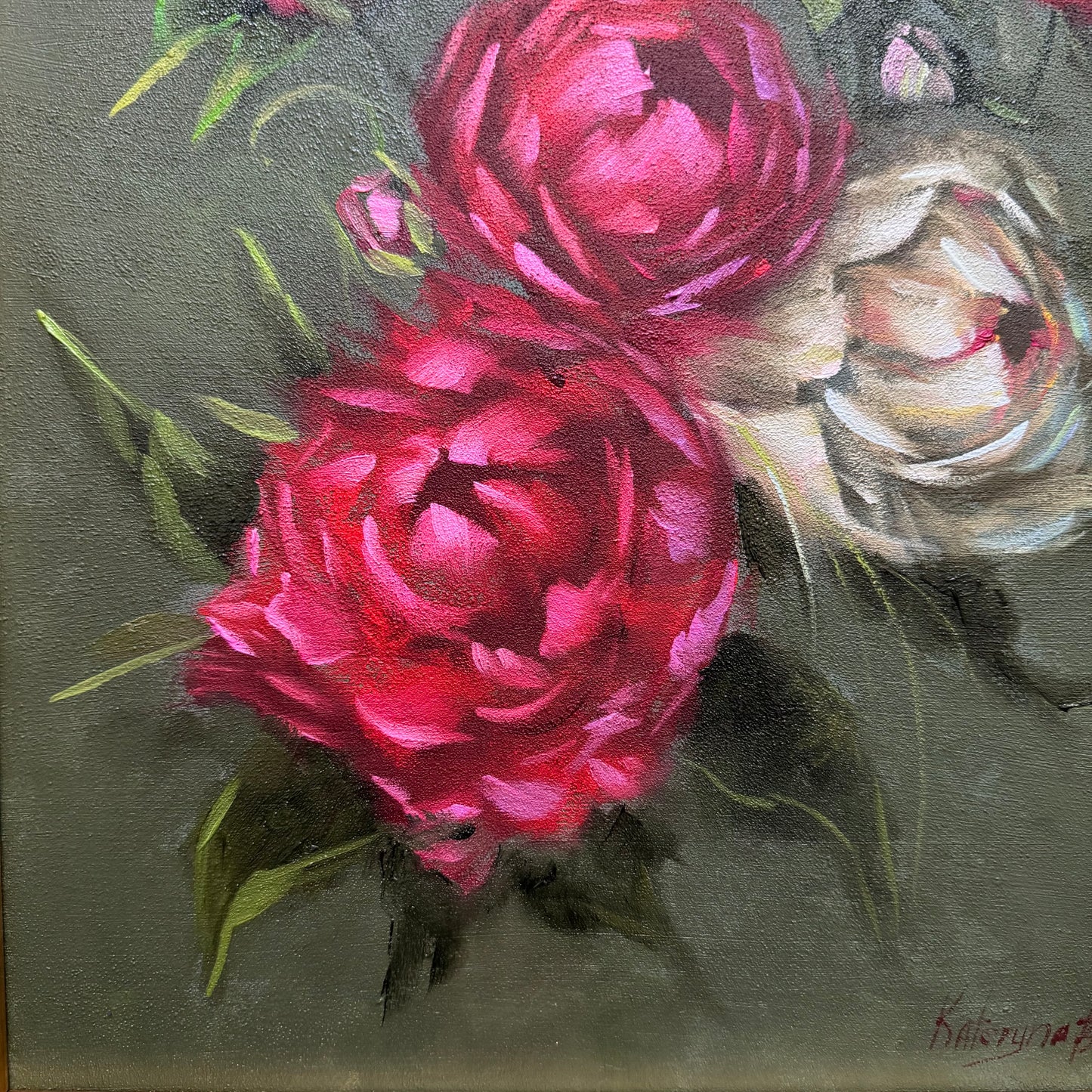 Live 06/09 bouquet of peonies blue butterfly original oil painting, 15x19"
