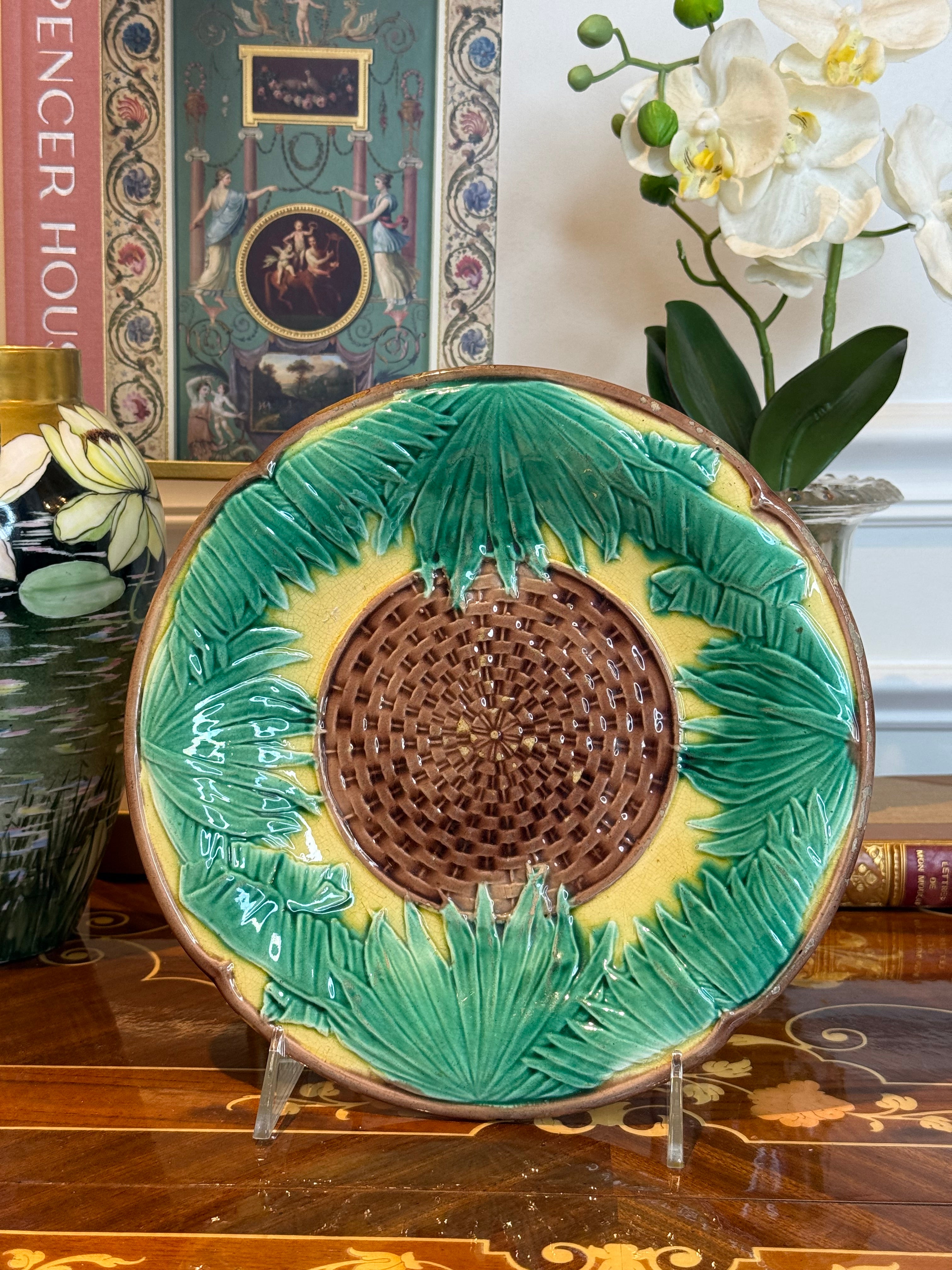 RESERVED - AMYLEA - Antique French Majolica Sunflower Basketweave
