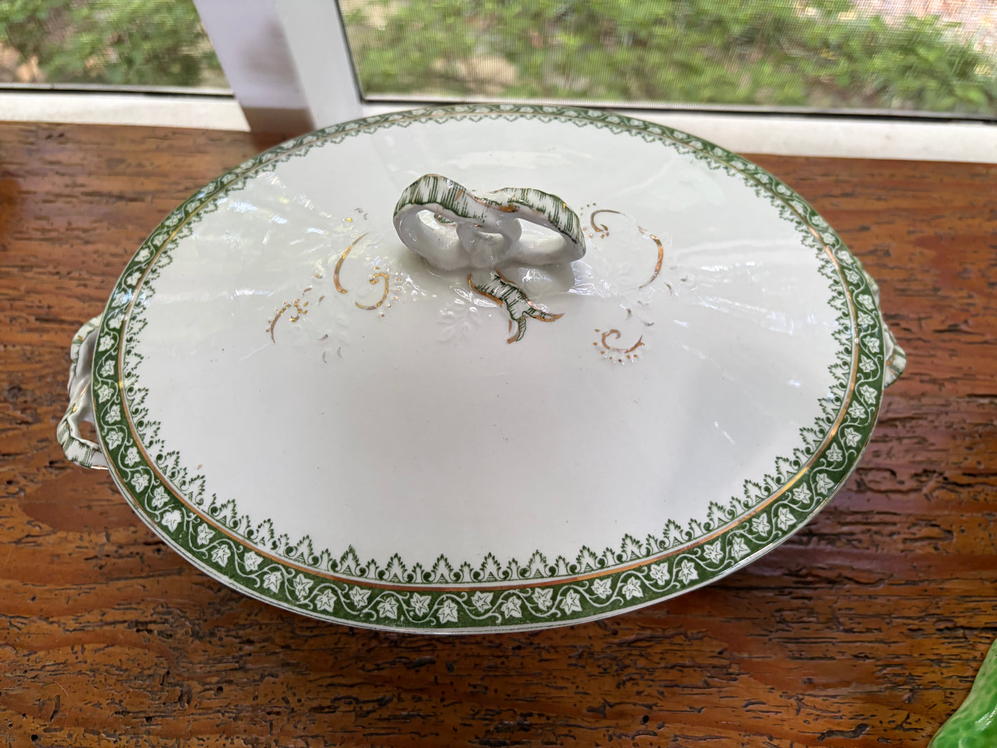 Gorgeous antique Ridgways Monterey covered dish with ribbon style handles!