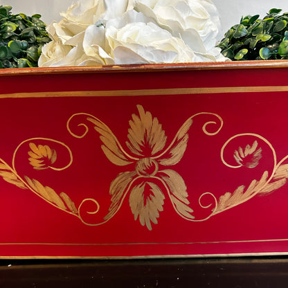 Festive Vintage Red double Lion Head handle tole Planter centerpiece