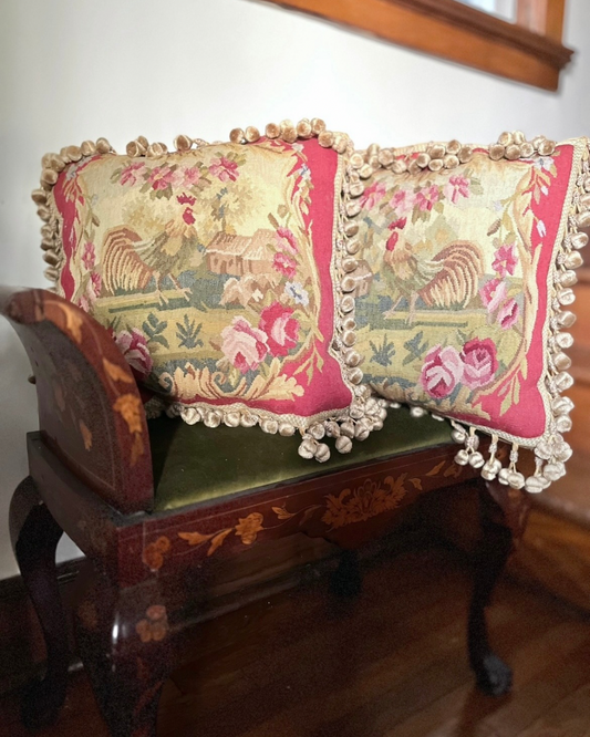 Pair of French Aubusson Hand Woven Mirror Image Rooster Pillows with Café-Latte Velvet Backs