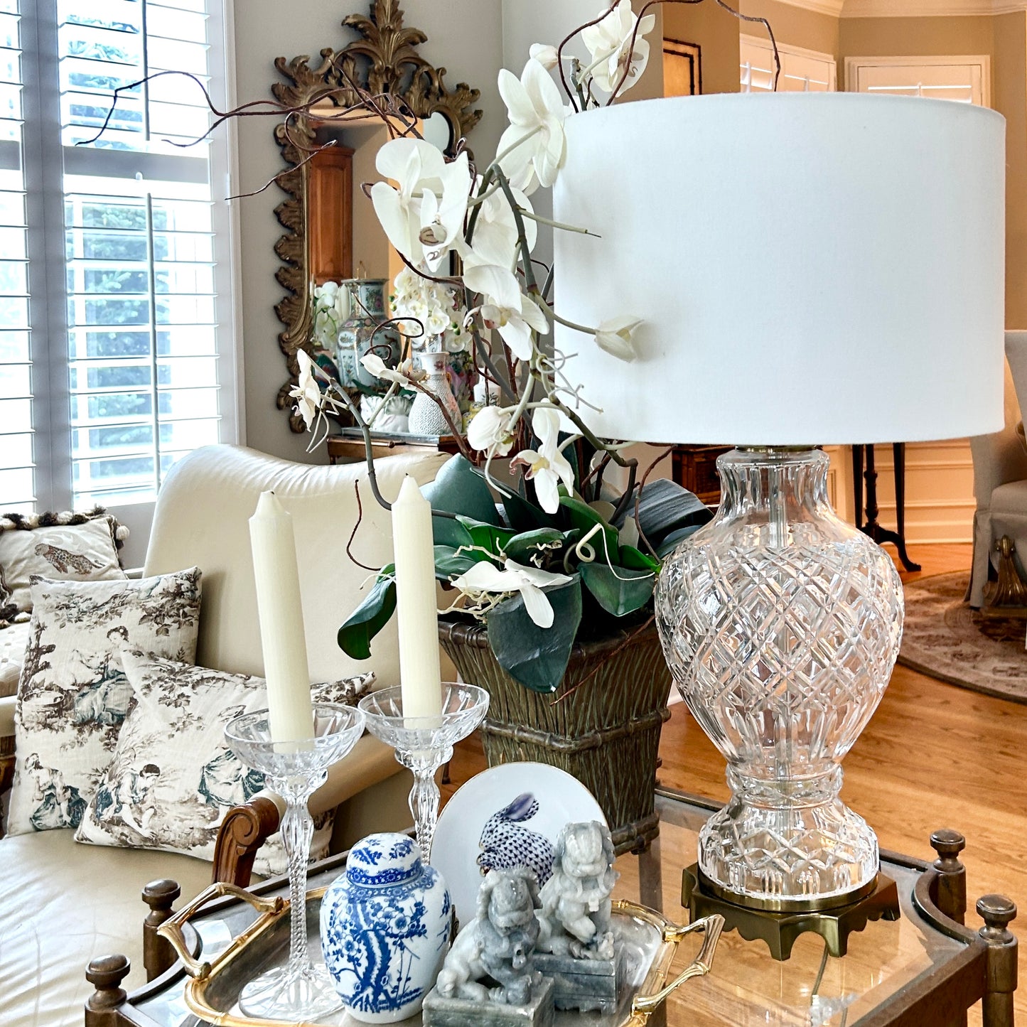 Statuesque Designer  Vintage Crystal & brass fretwork heirloom lamp