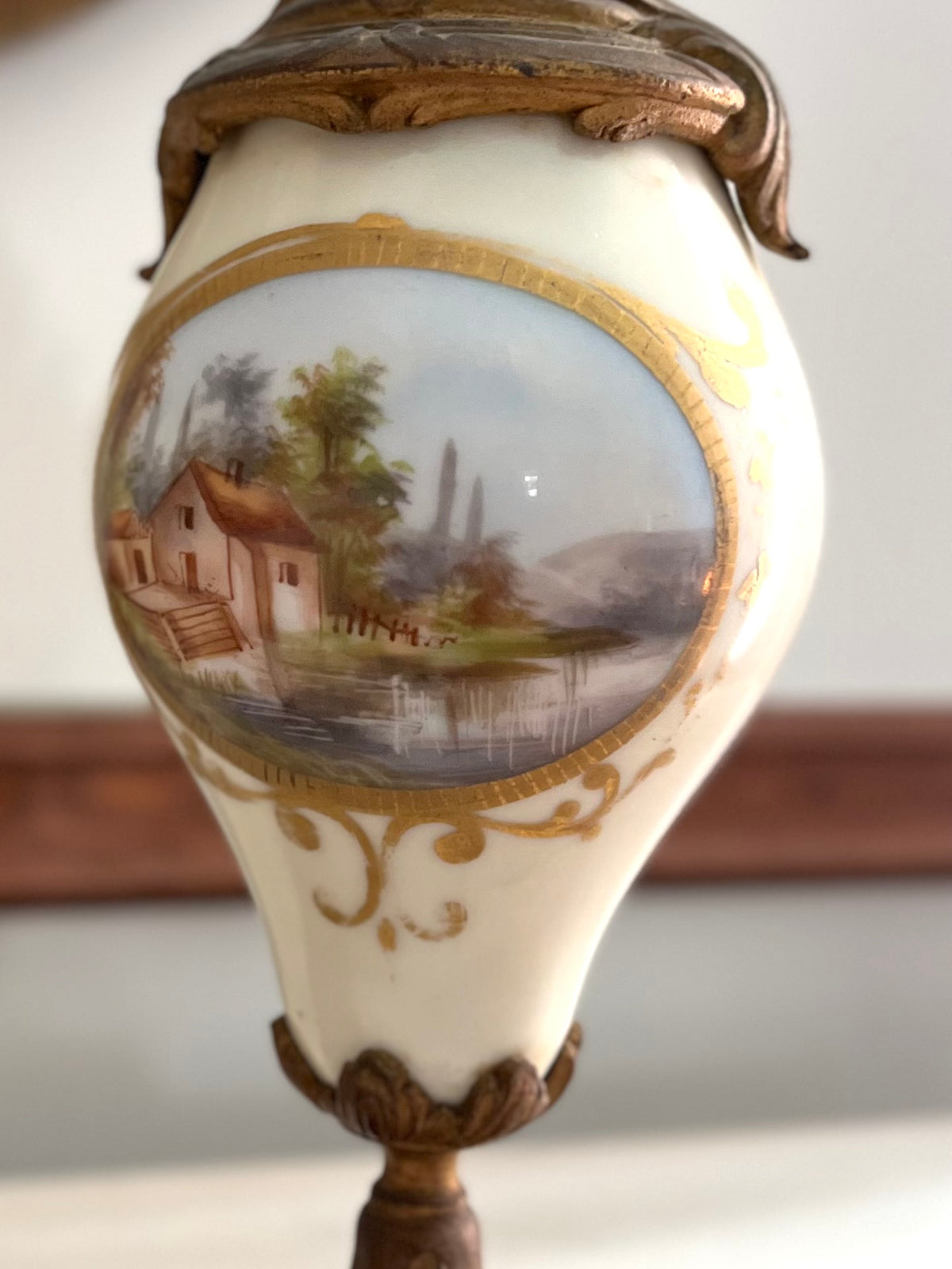 Pair of French Hand-Painted Pastoral Porcelain & Bronze Garniture Urns