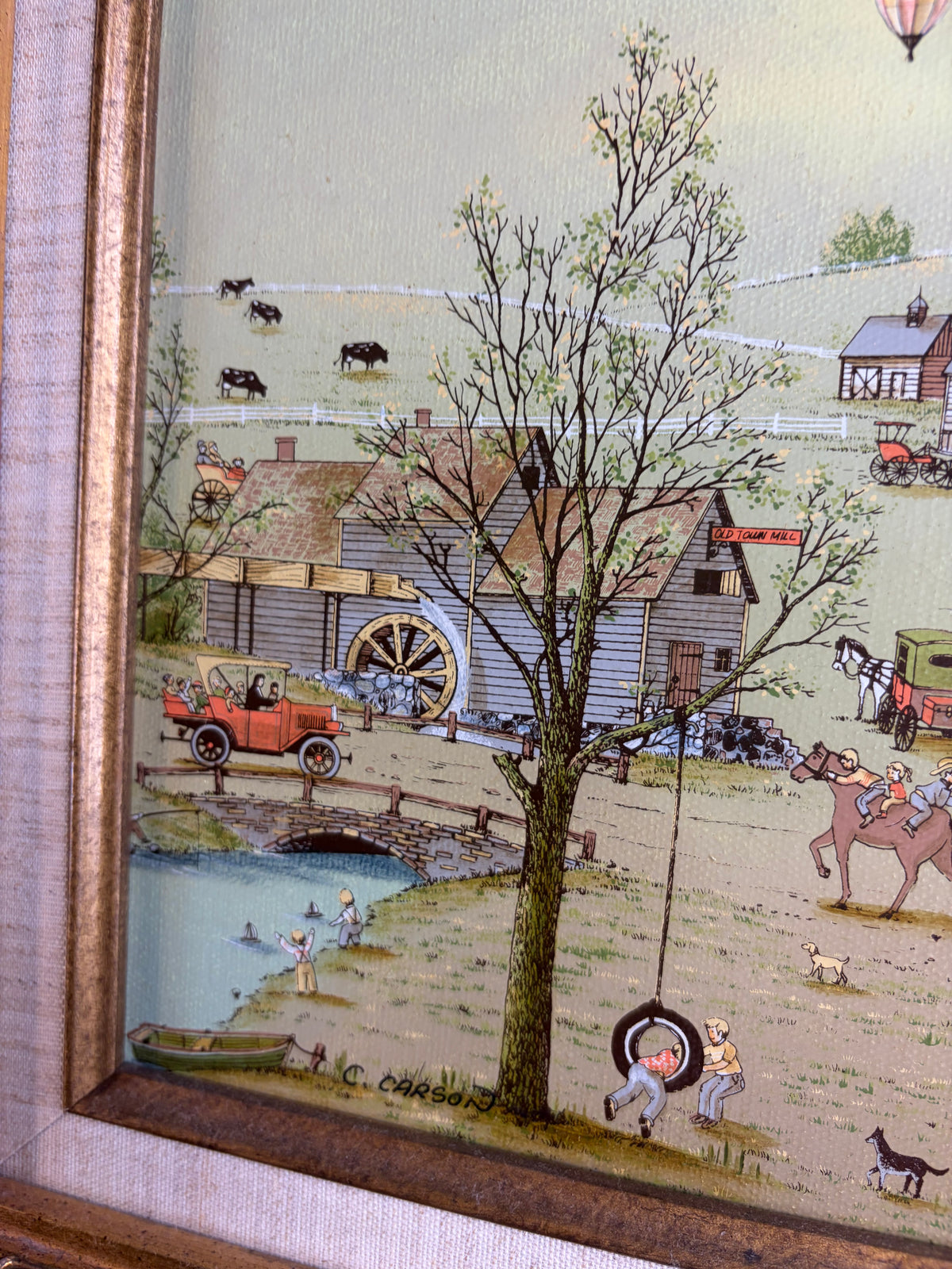 Beautiful framed C Carson folk art serigraph in gold frame!