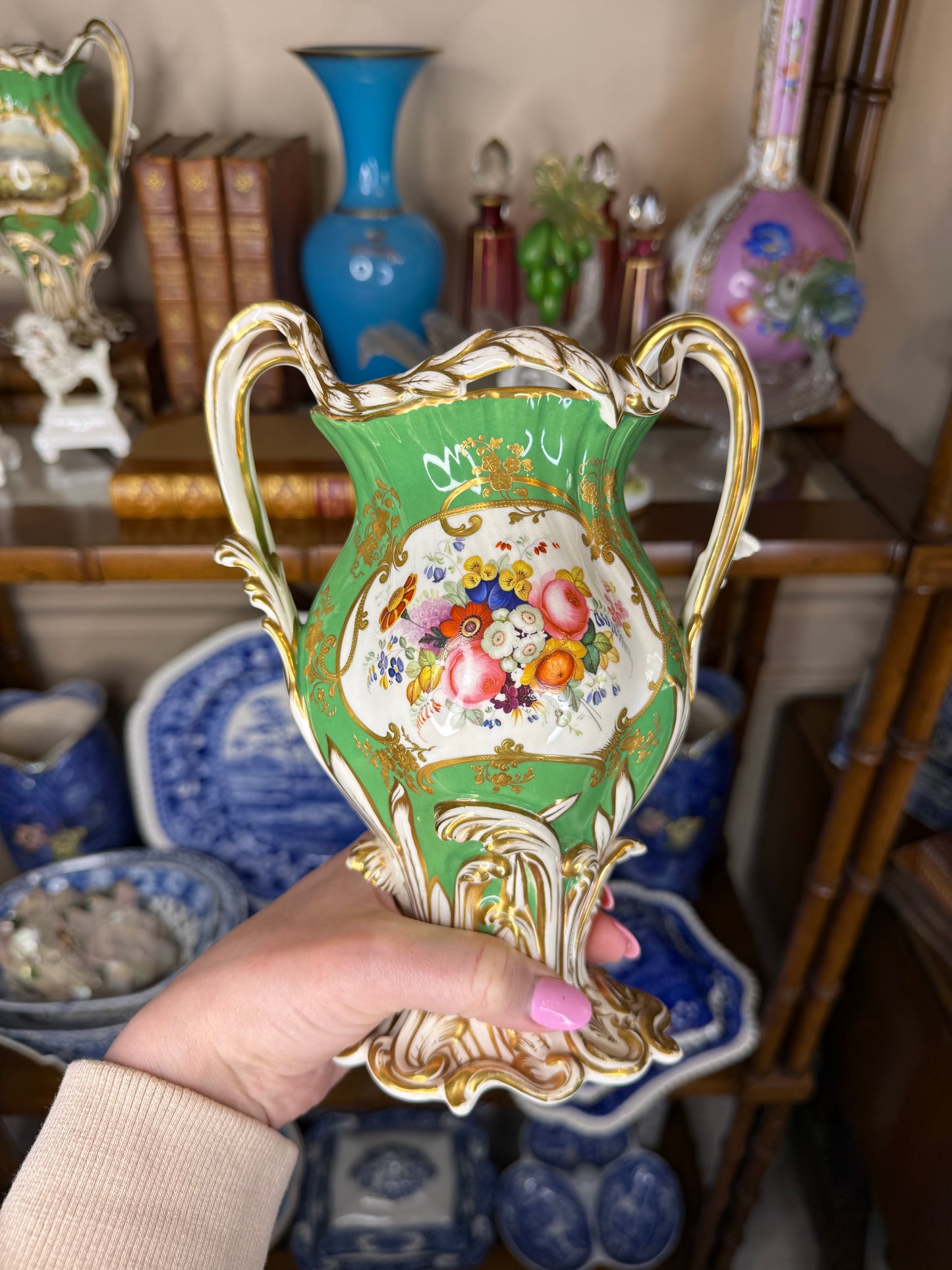 Antique Pair of H.R. Daniel Green Scenic Vases with Castles & Floral Decoration | Circa 1840 | 8.5"H x 6.5"W x 4" Base | Style DA4447