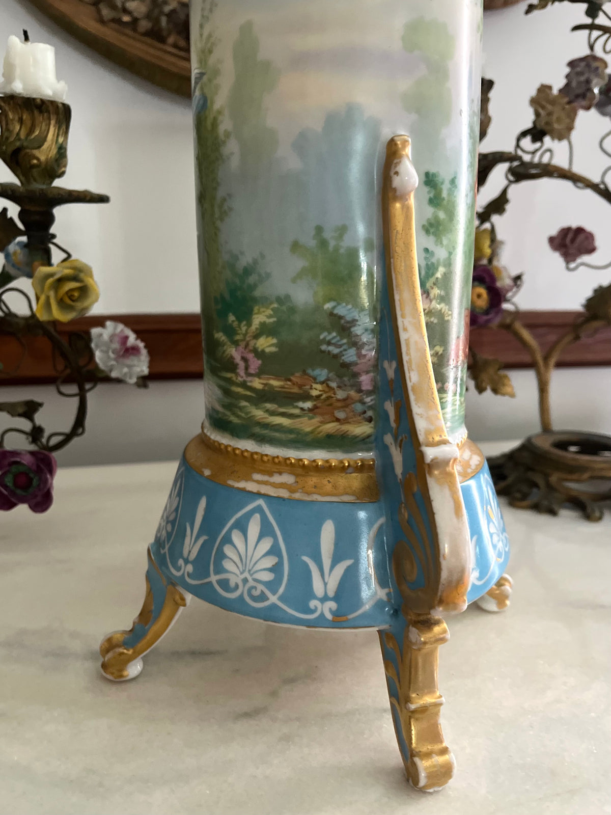 Antique French Paris Porcelain Tripod Vase, Bleu Céleste, Hand-Painted Maiden & Cupid, c. 1870