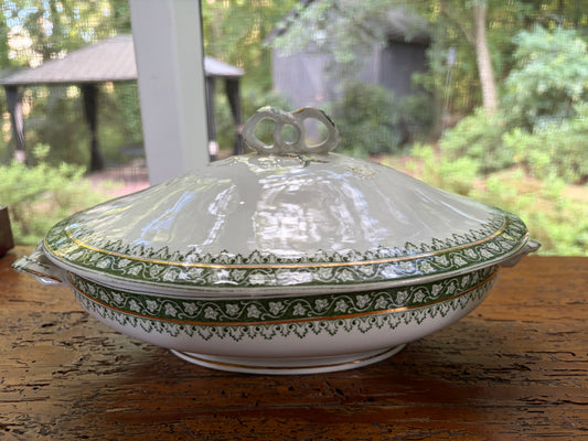 Gorgeous antique Ridgways Monterey covered dish with ribbon style handles!