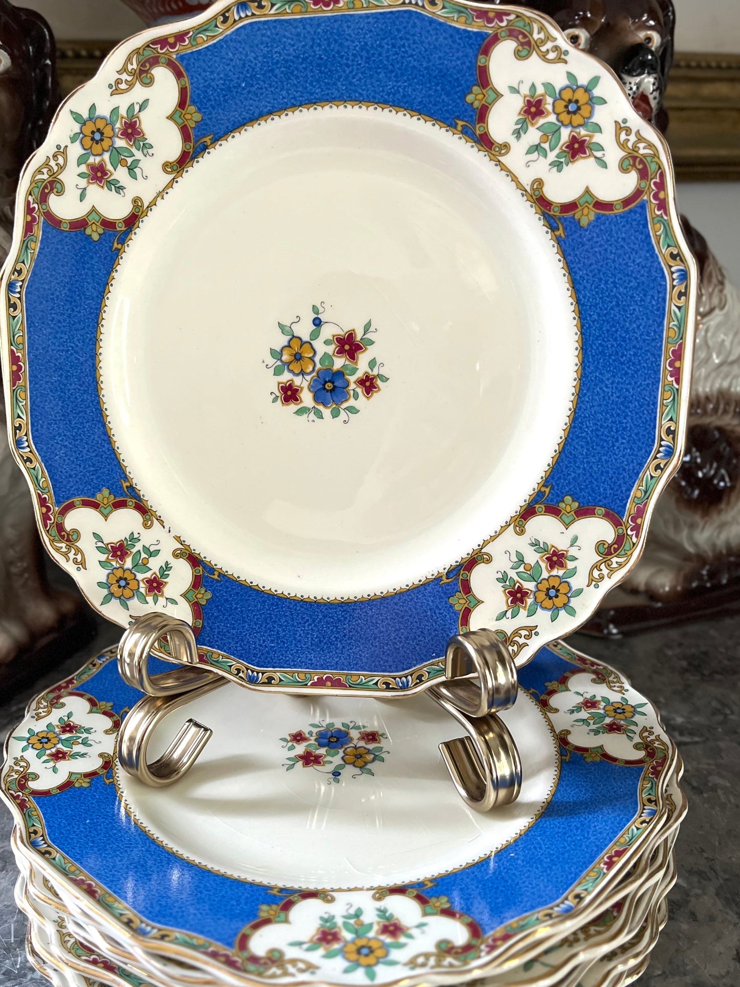 Set of 8 Myott Staffordshire England Dessert Plates | Cobalt Blue & Floral English China