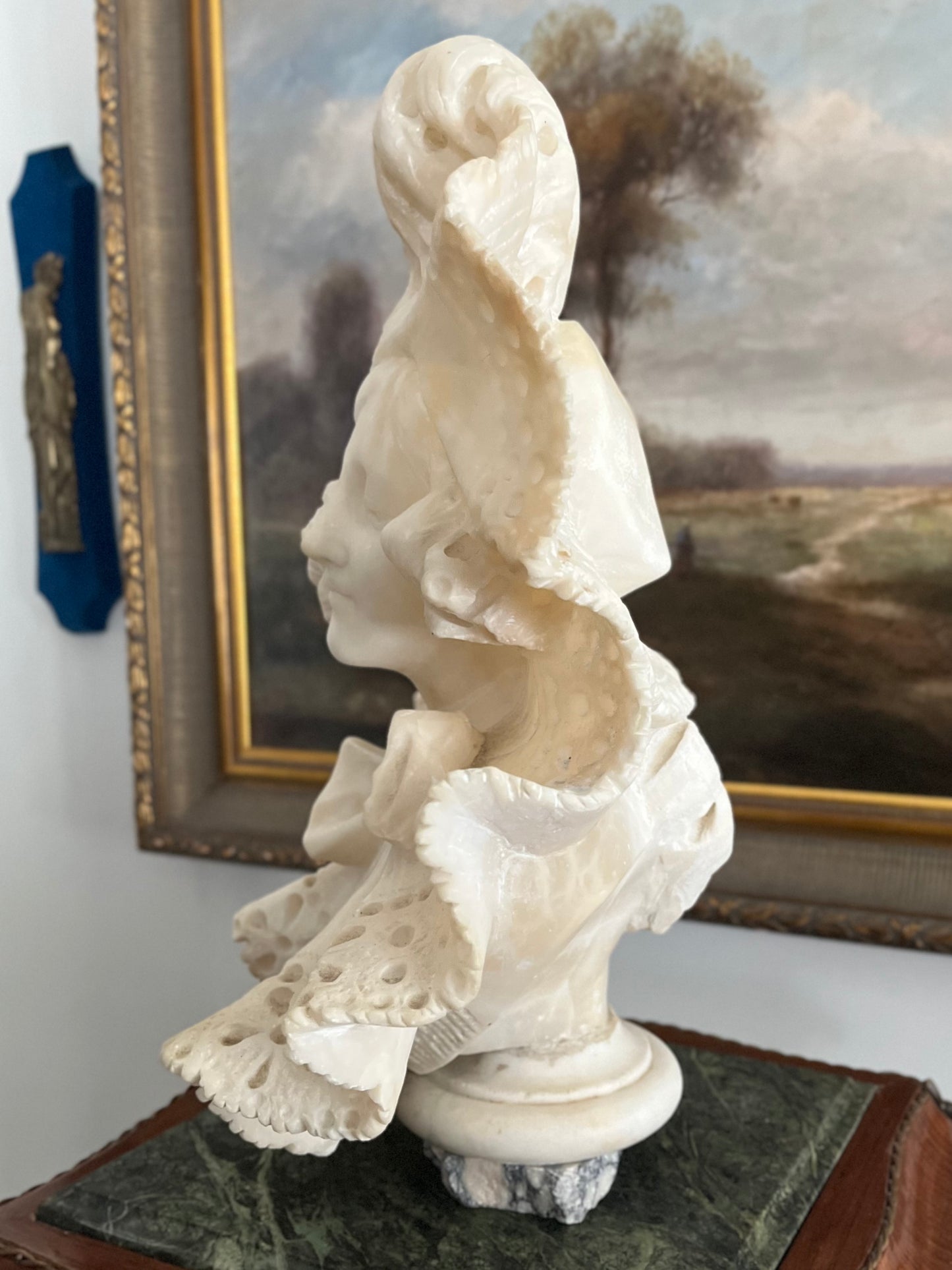 Whisper of Lace — Intricate Detailed Victorian Alabaster Lady Bust on Marble Plinth Circa 1880-1910 - 15”