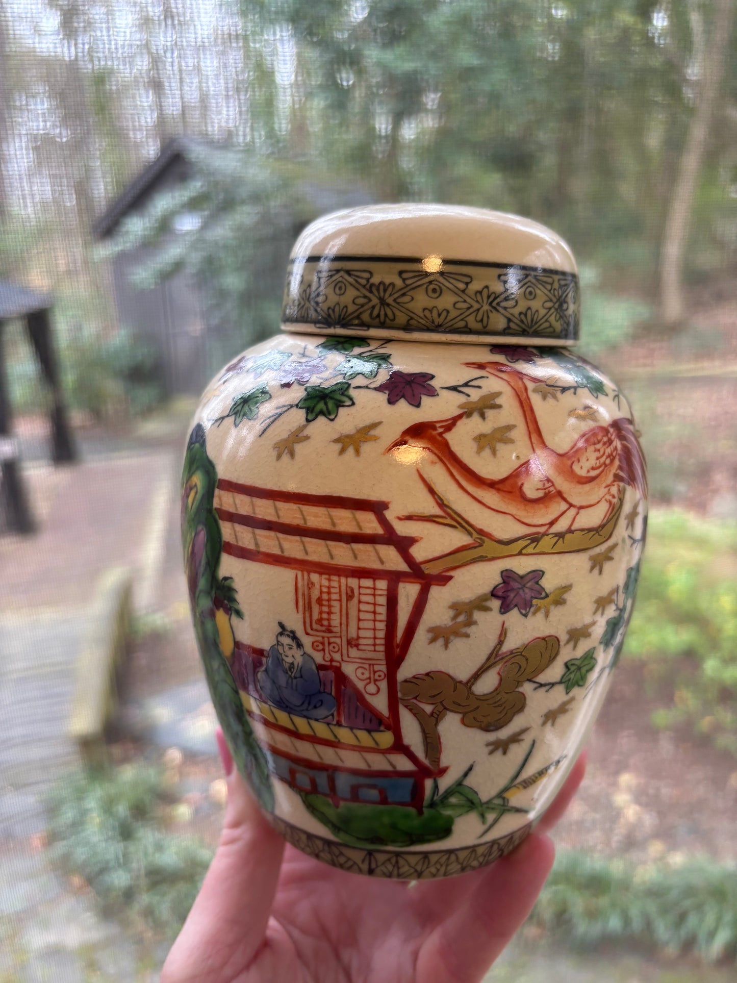 Lovely lidded ginger jar! Features birds, oriental scene, ship, and vibrant colors!