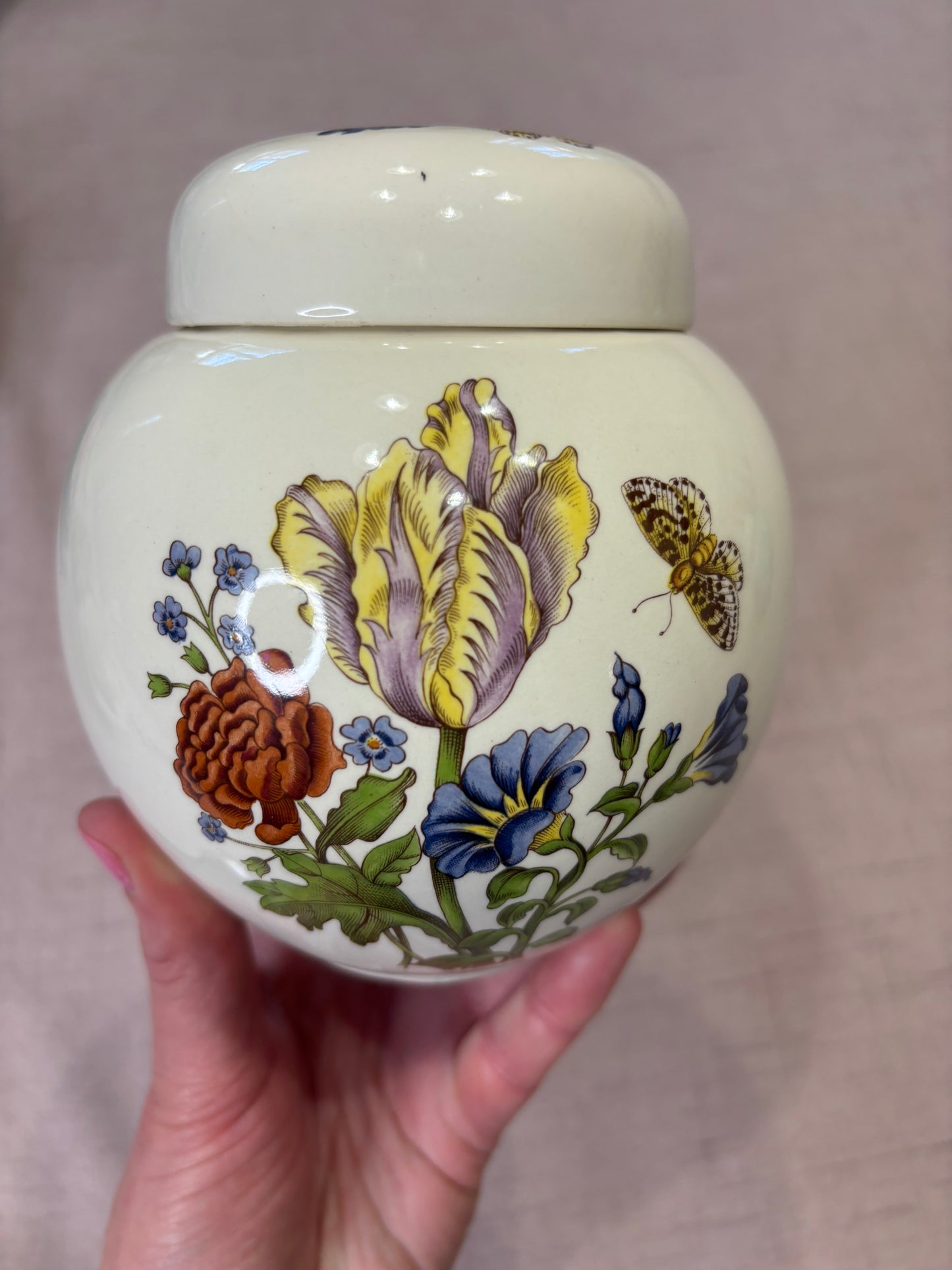 Lovely Mason’s ironstone floral lidded ginger jar with butterflies!