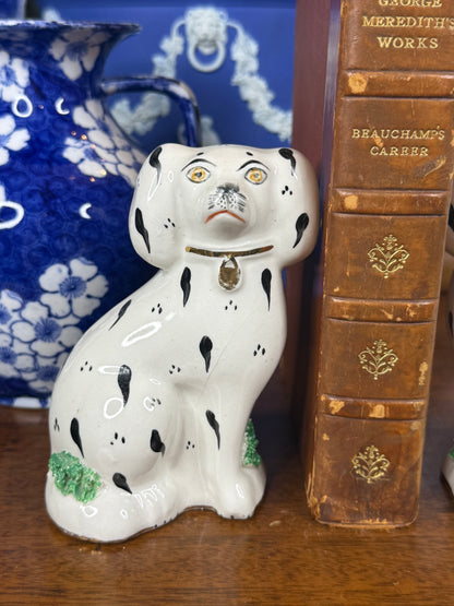 Pair of Kent Staffordshire Ware Dalmatian Dog Figures | Black, White, Green & Gilt | Mid-20th Century | 4.5” H × 3” W × 2” D Each