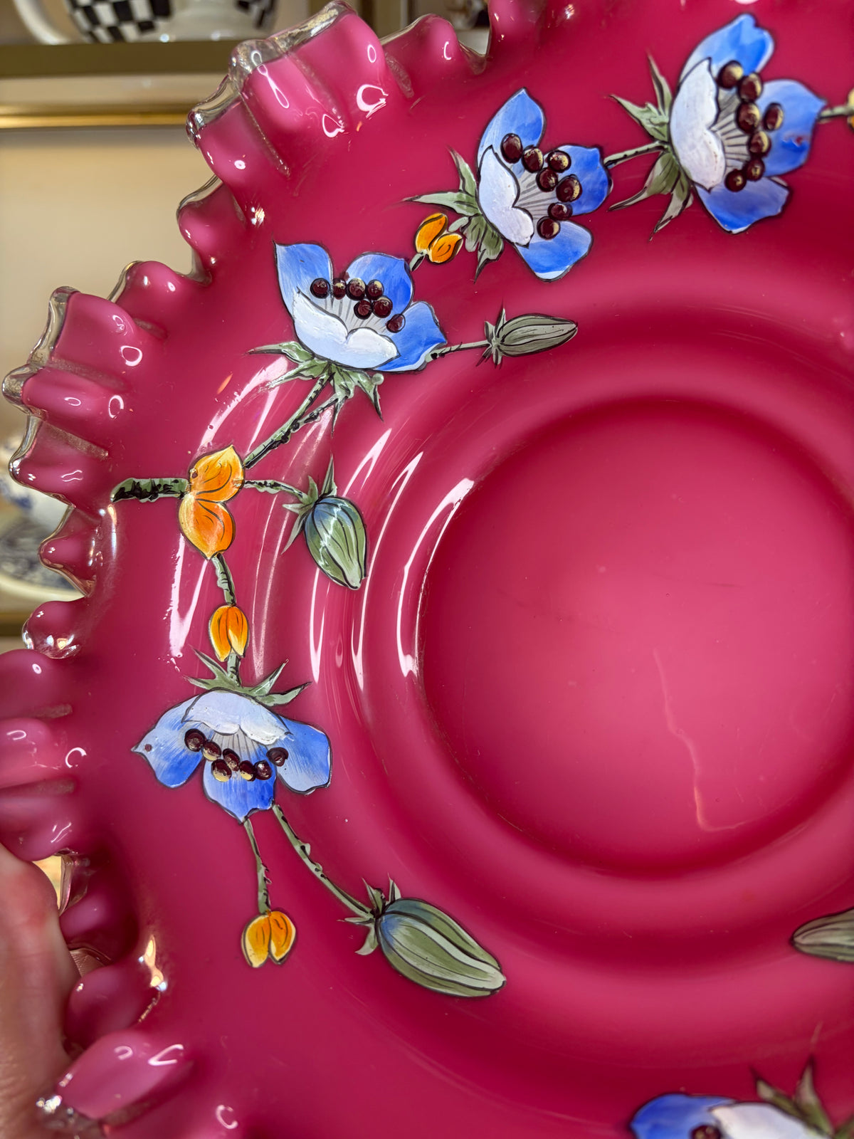 Stunning handpainted floral and pink ruffled edges bowl!