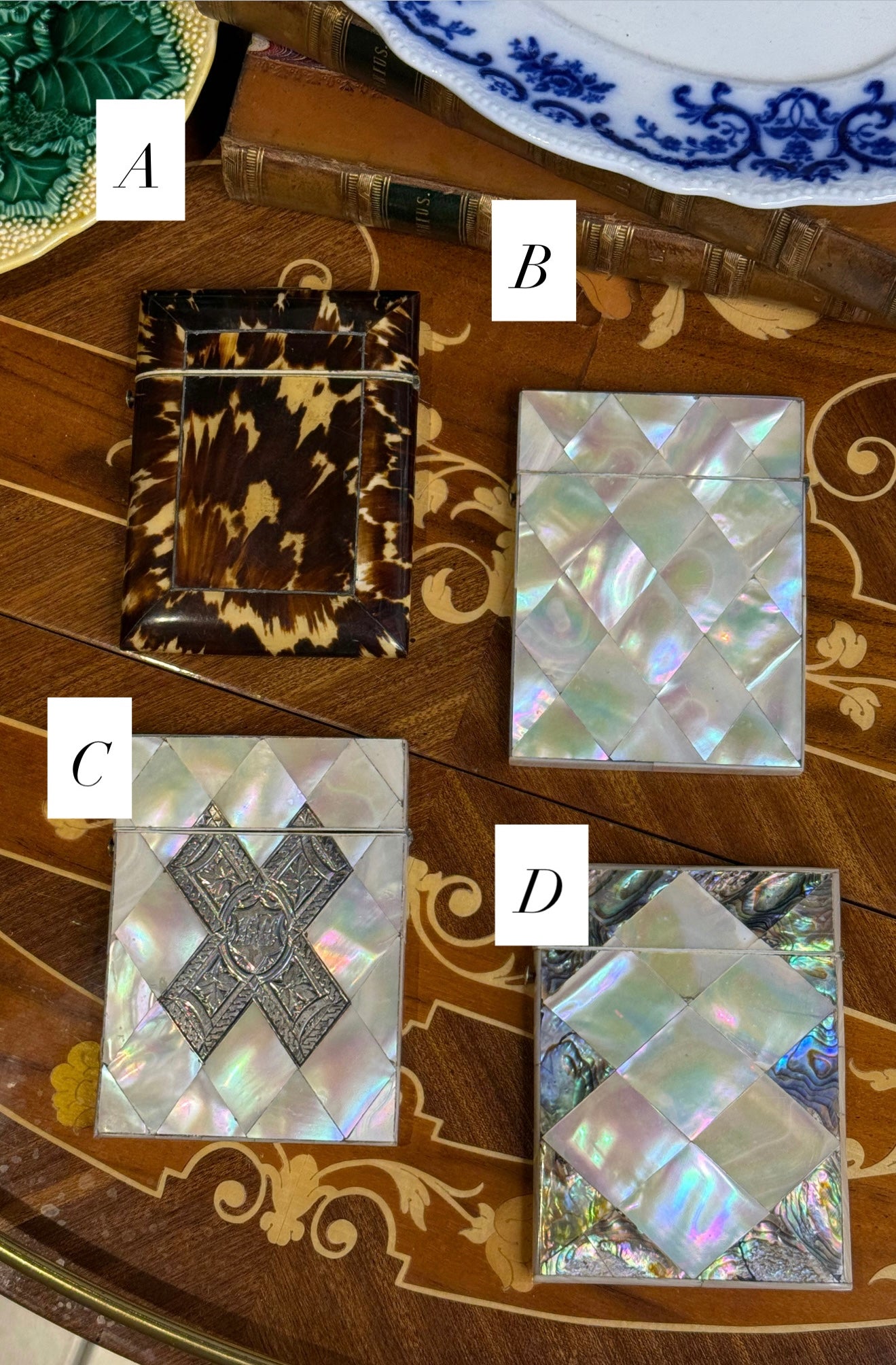 RESERVED Style C: Antique mother-of-pearl Harlequin style calling card case featuring a sterling silver cartouche to the front and a monogrammed sterling X panel.