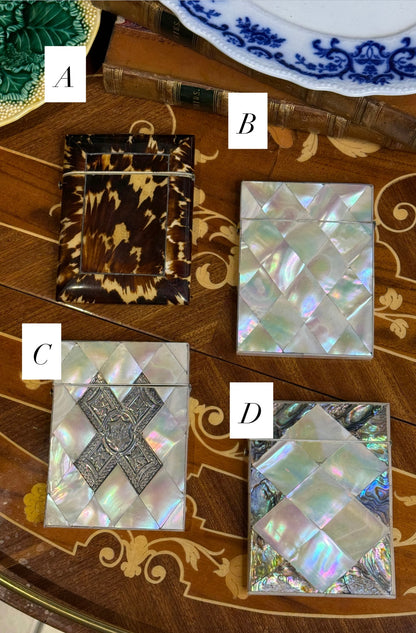 RESERVED Style C: Antique mother-of-pearl Harlequin style calling card case featuring a sterling silver cartouche to the front and a monogrammed sterling X panel.