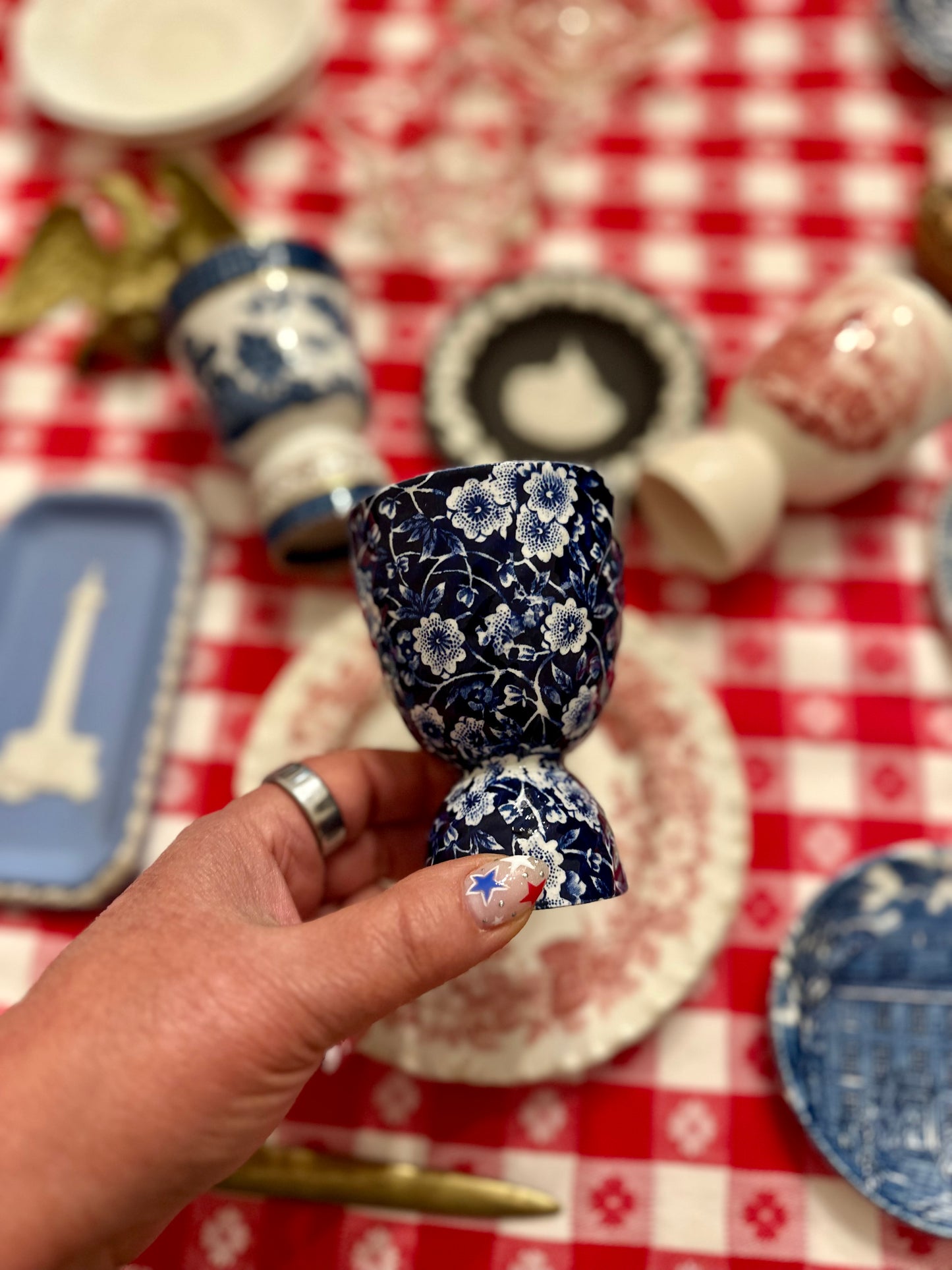 Burleigh Blue Calico Egg Cup & Saucer