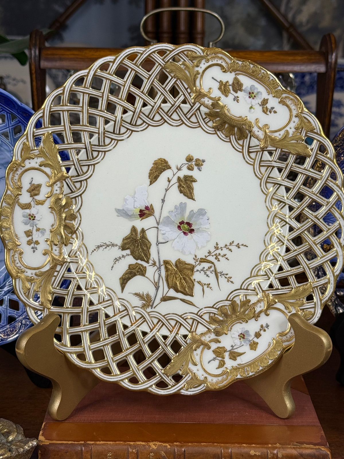 Minton for Phillips & Pearce London Pierced Floral Cabinet Plate | Gilt, White & Polychrome | Pattern G4708 | c.1880 | 9.5” D | #DA4600