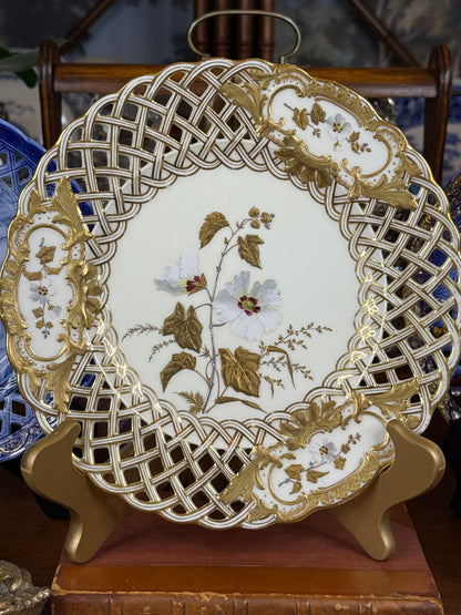 Minton for Phillips & Pearce London Pierced Floral Cabinet Plate | Gilt, White & Polychrome | Pattern G4708 | c.1880 | 9.5” D | #DA4600