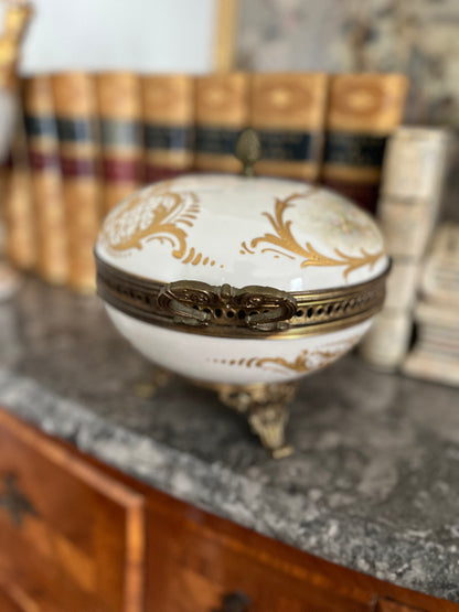 Antique French Porcelain Covered Bonbonnière with Hand-Painted Cherubs & Gilt Mounts - Signed