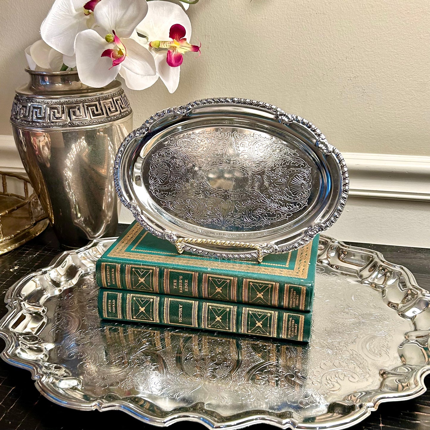 Charming oval designer Silver plate perfume tray