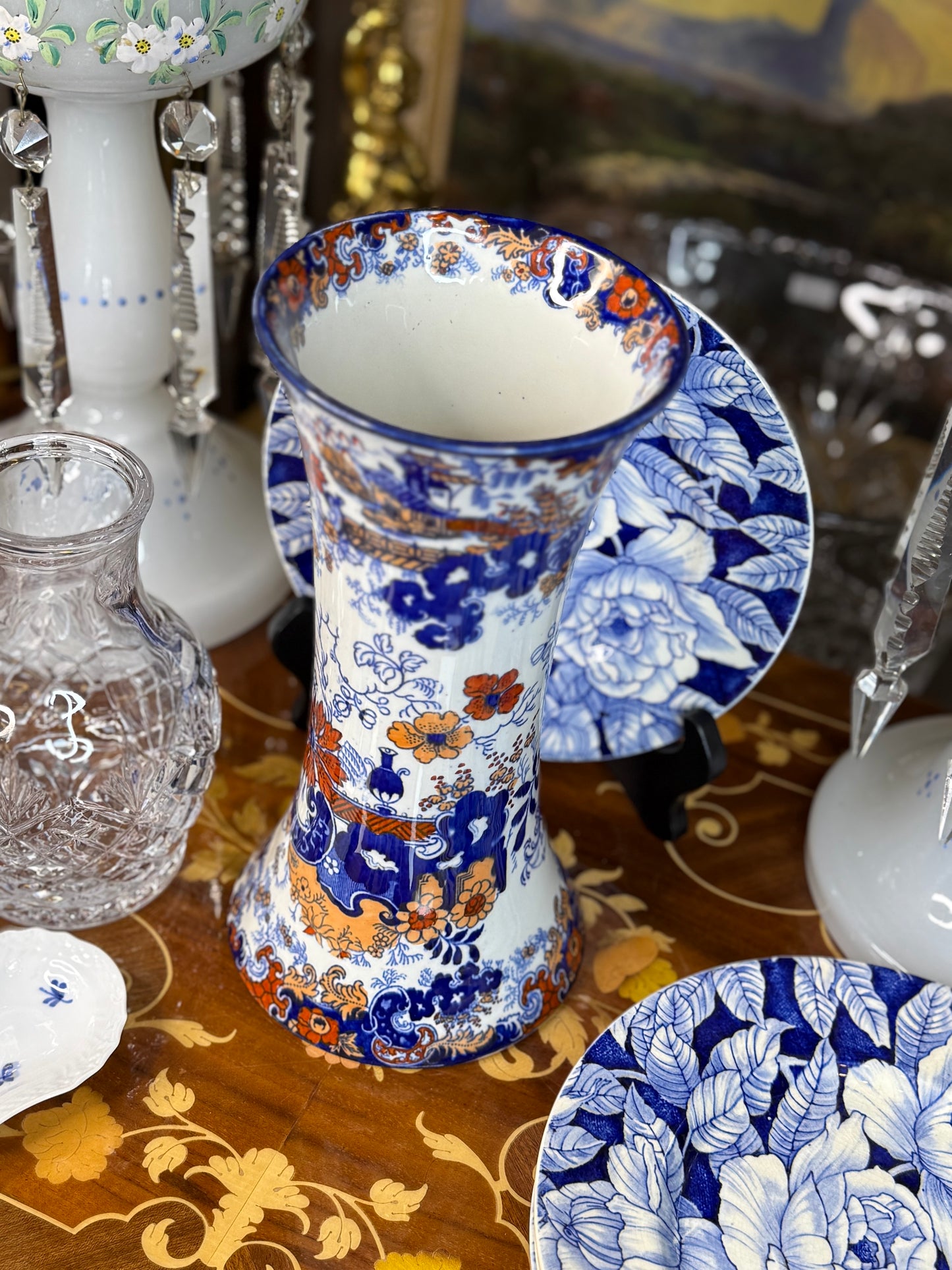 Antique English Imari-Style Vase | Blue, Rust & White Transferware | 10” Tall