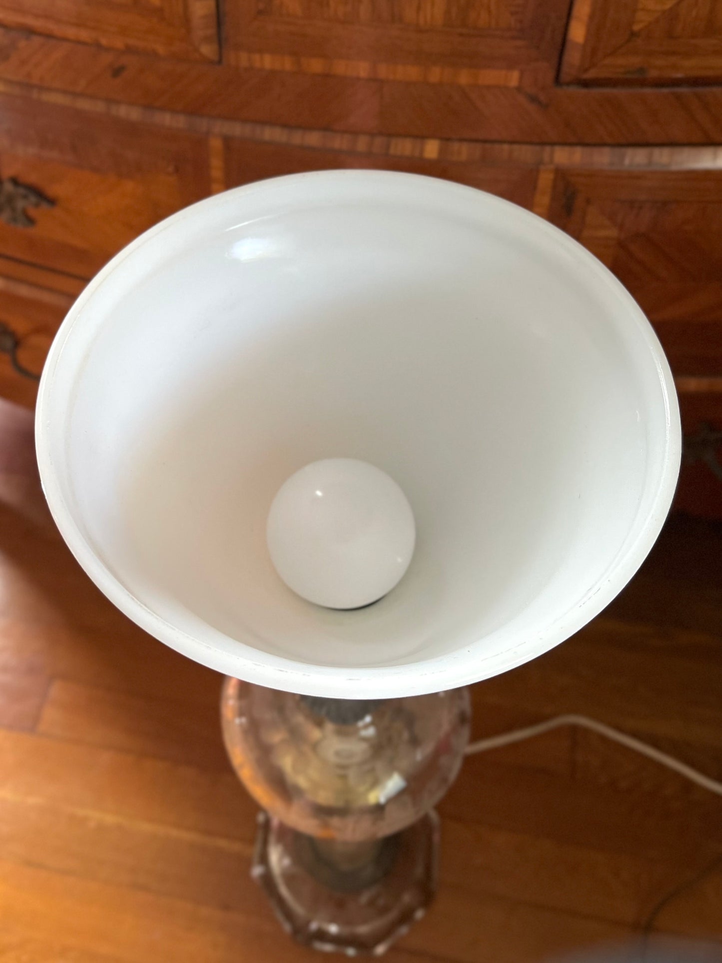 RESERVED - ELLA_HEKIM - Live 08/18 Antique Etched Crystal & Brass Torchiere Table Lamp with Milk Glass Shade 1910-1920’s