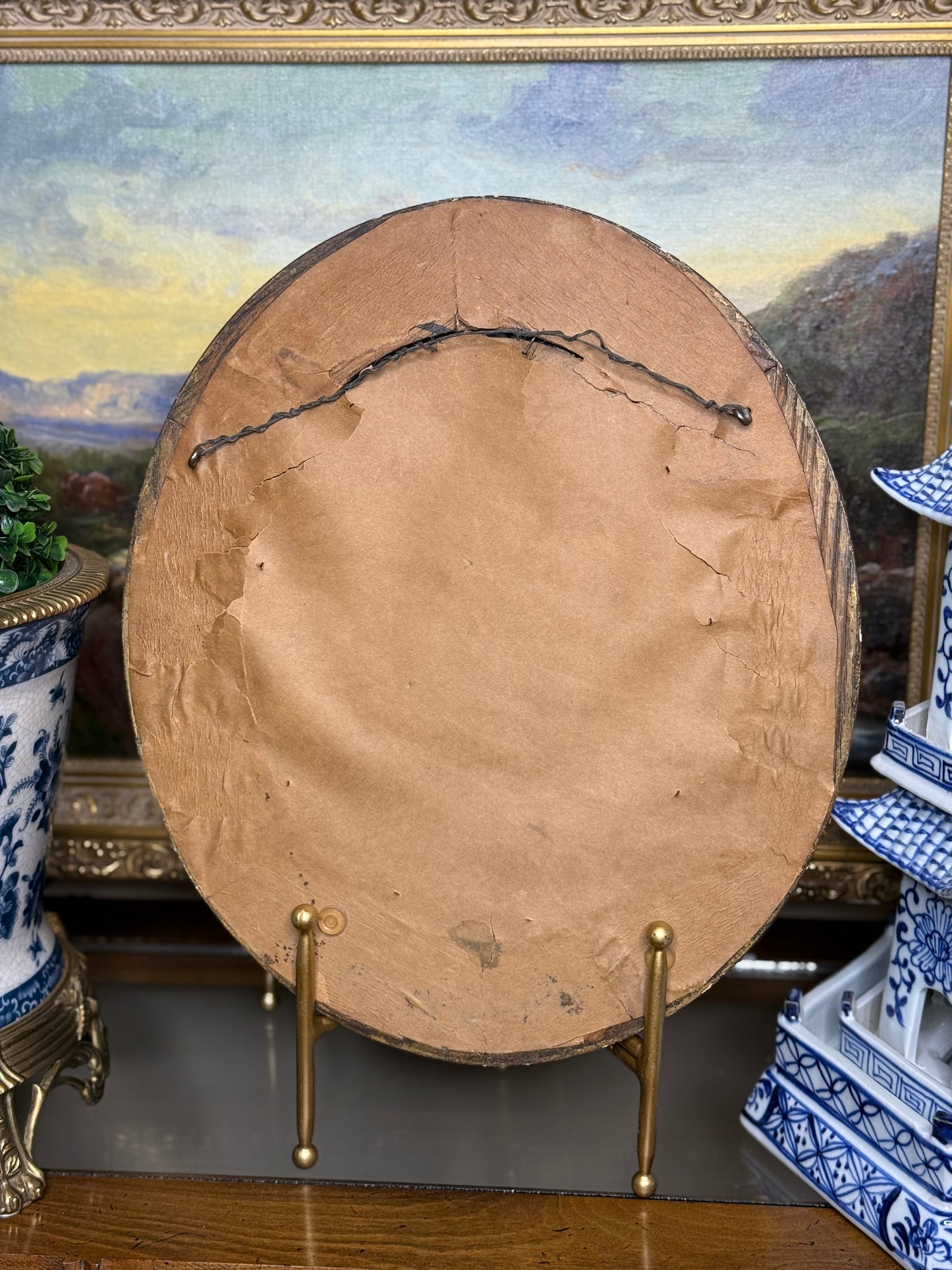 Antique 19th-Century Oval Giltwood Mirror with Rope Twist Frame: 15x13x2”