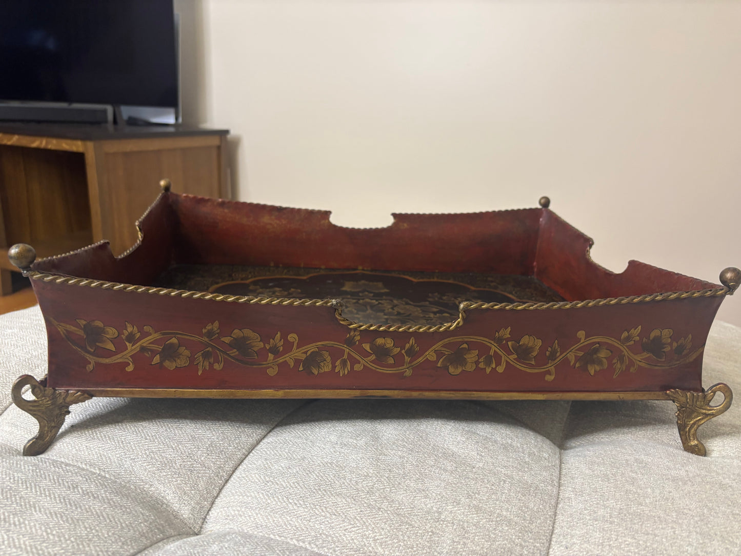 Stunning extra large gallery tole tray with designs and brass feet!