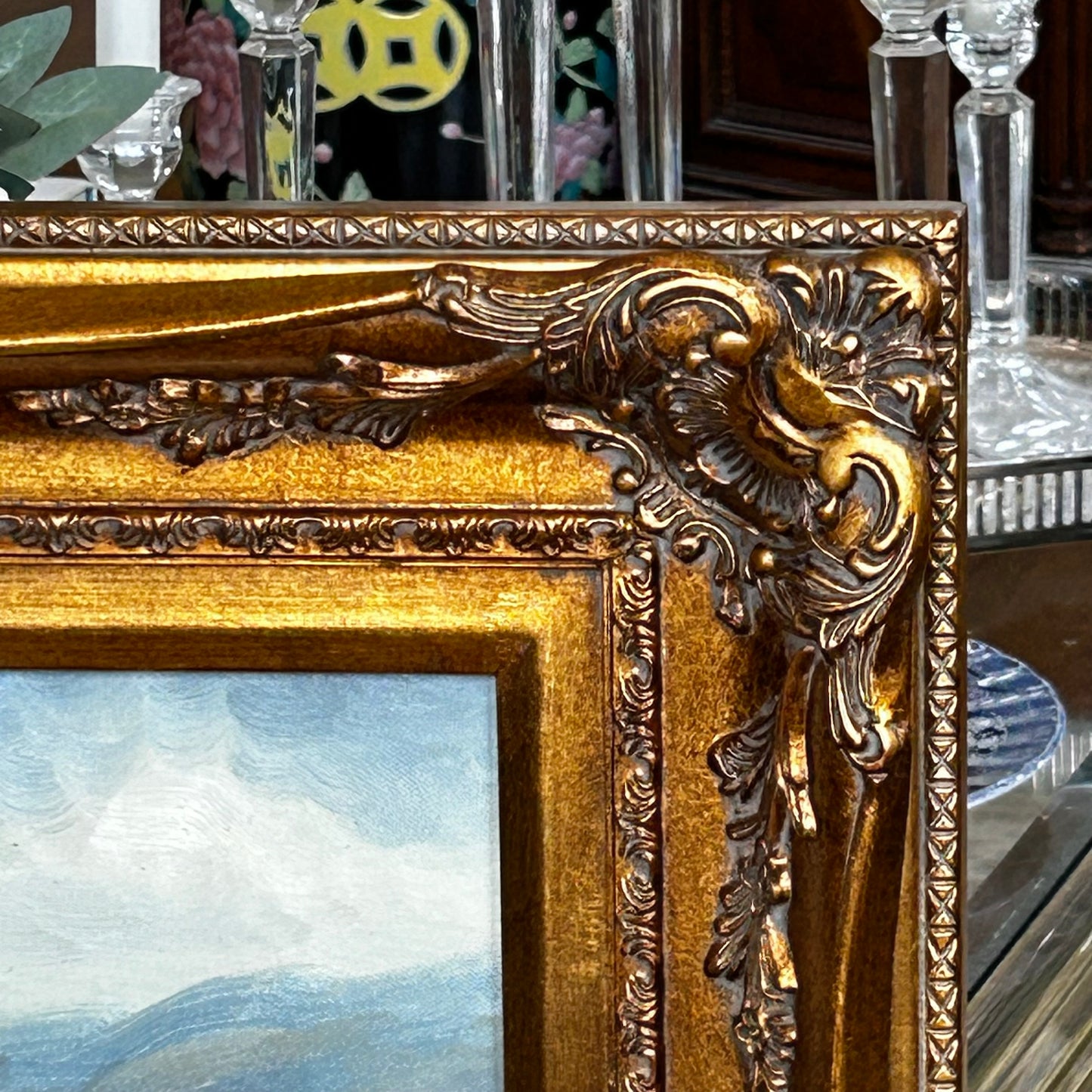 Inviting waterfront landscape massive baroque frame  31 x 28 signed oil painting art