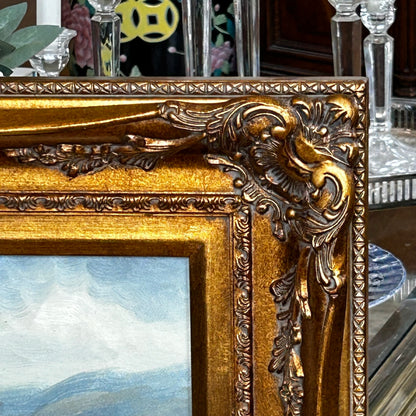 Inviting waterfront landscape massive baroque frame  31 x 28 signed oil painting art