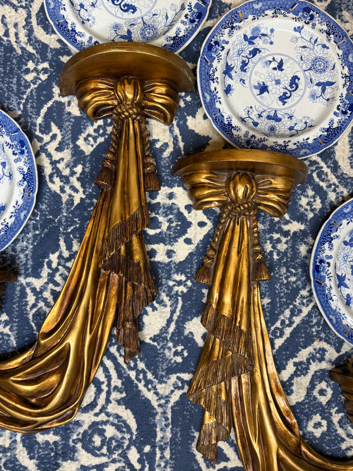 Pair of Vintage Style Gilt Resin Drapery Wall Brackets / Display Shelves | Tassel & Swag Design | 28” H × 18” W
