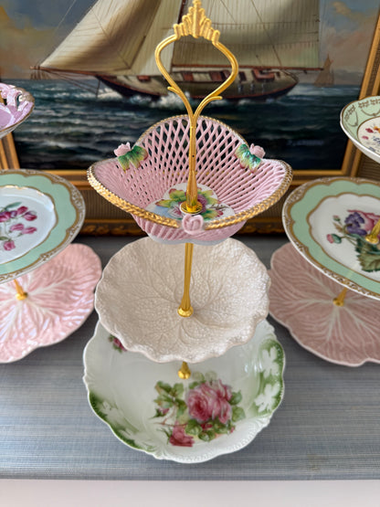 Stunning 3 Tier Plate Stand Pink, Cream & Green