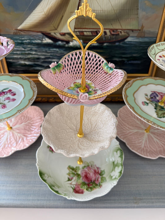 Stunning 3 Tier Plate Stand Pink, Cream & Green