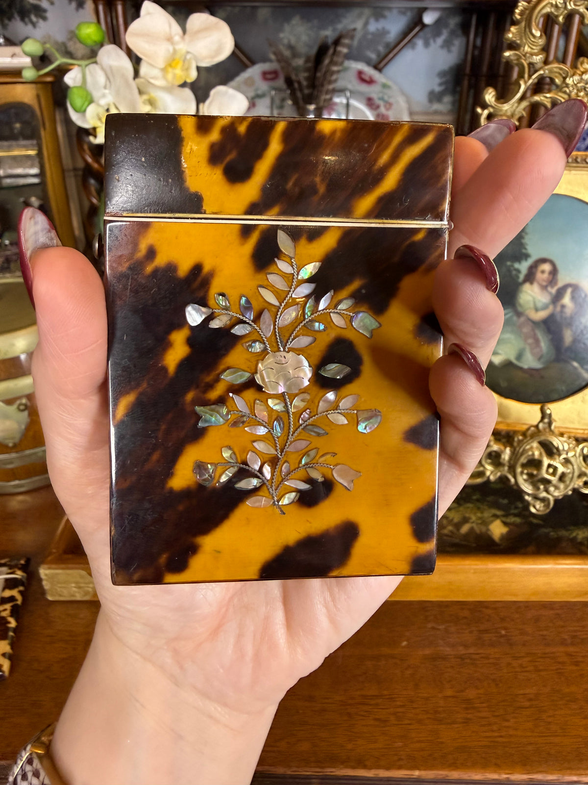 Antique Victorian Tshell🤎🐢 Calling Card Case | Mother-of-Pearl & Abalone Floral Inlay | Sterling Silver EF Monogram | 4” × 3”