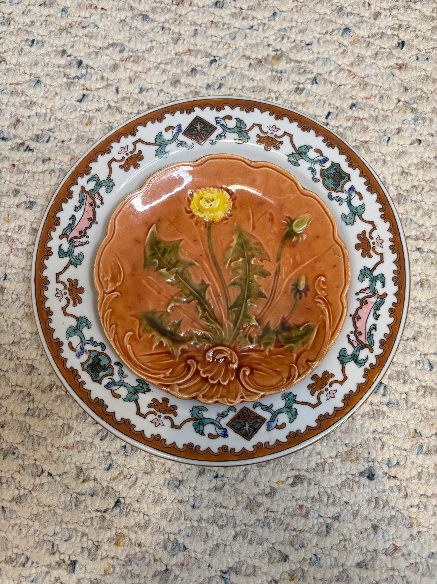 Gorgeous Armorial decorative plates pair with dogs, lions, and more and majolica plate! Instant plate wall!