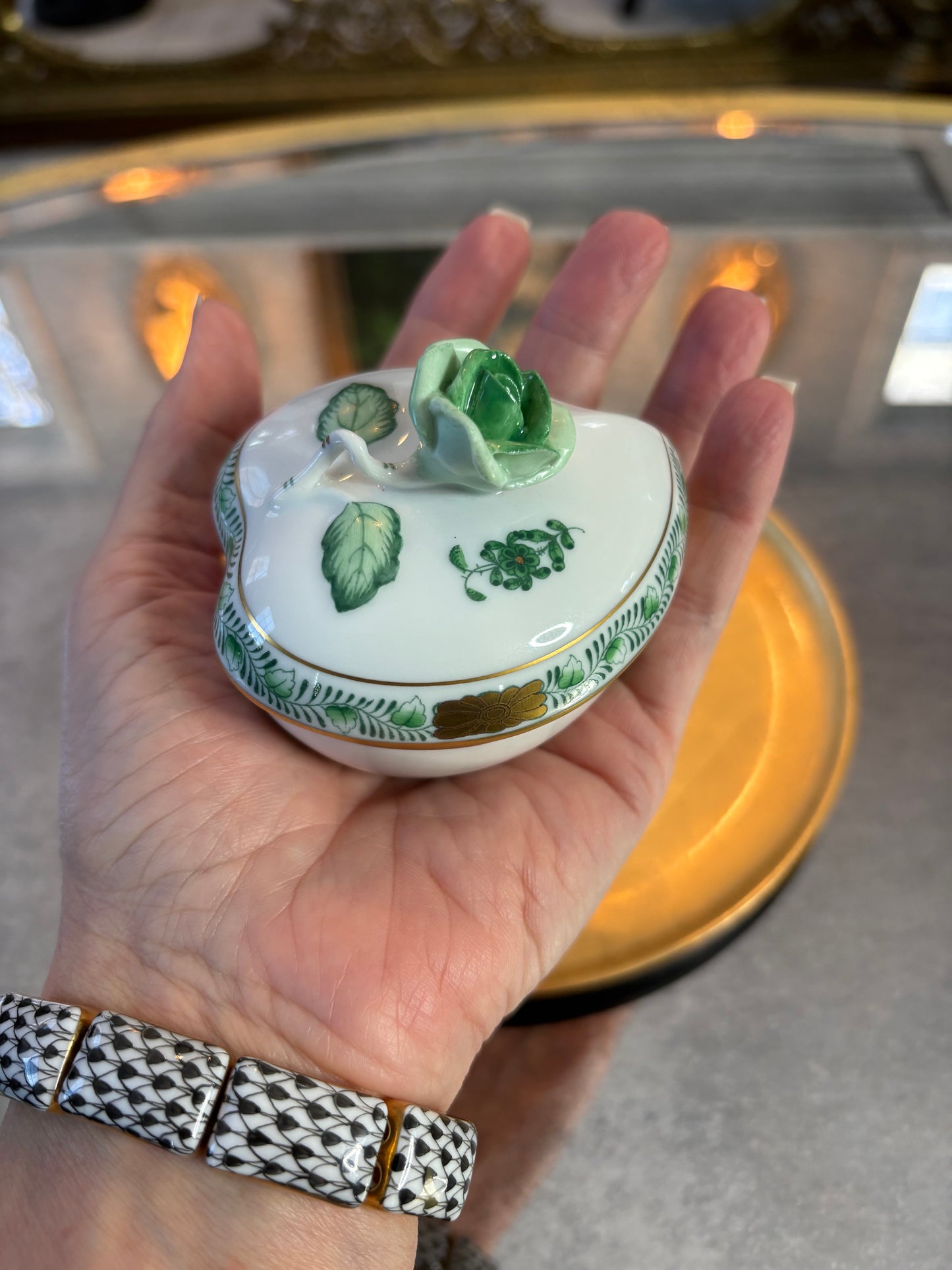 Reserved for LH Herend Green Apponyi Heart Shaped Box with Rose Finial