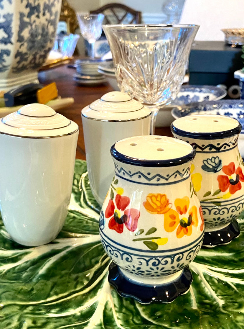 Vintage large salt & pepper Blue & White floral Ceramic Shaker Set,