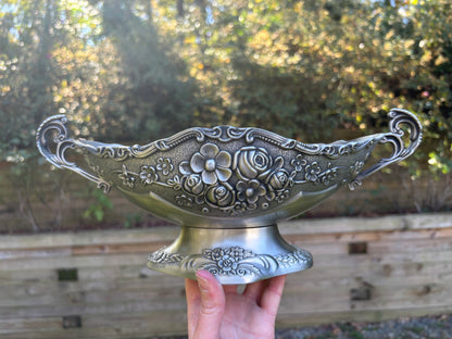 Beautiful ornate floral compote pedestal oval bowl with handles!