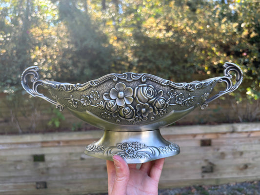 Beautiful ornate floral compote pedestal oval bowl with handles!
