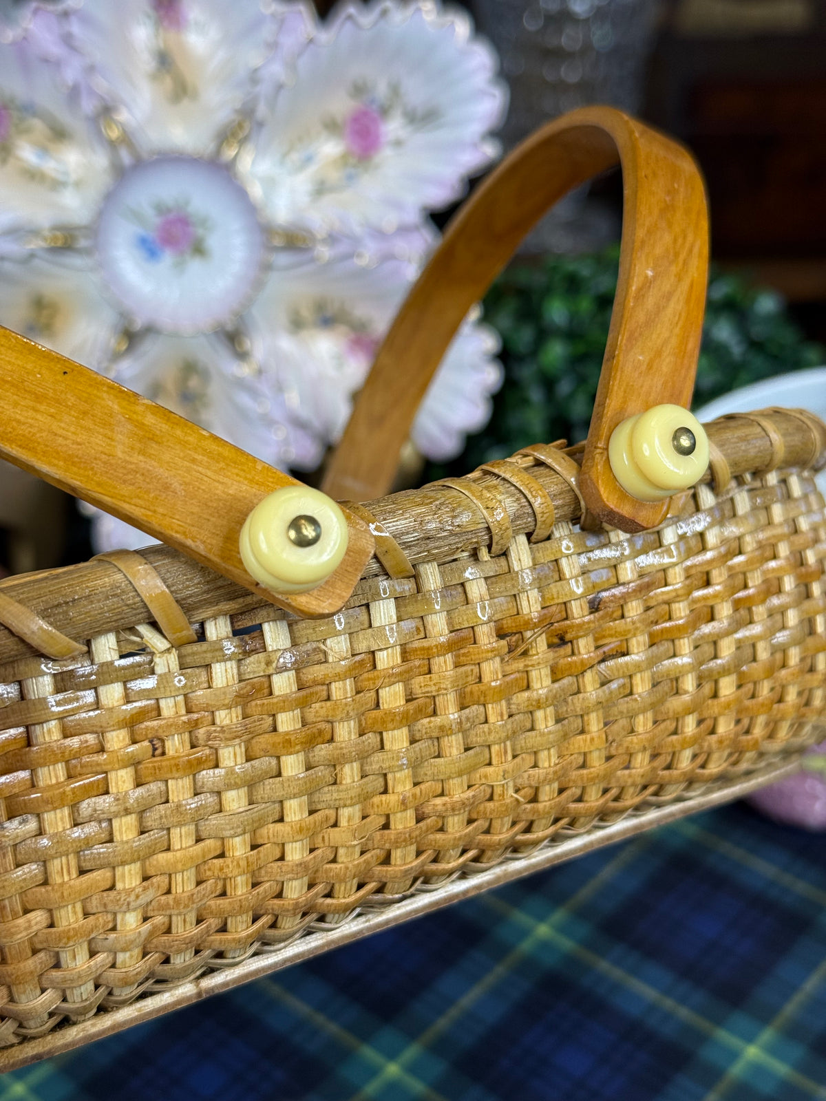 Vintage Nantucket-Style Woven Cane Basket with Double Bentwood Handles | Mid-Century