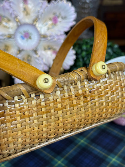 Vintage Nantucket-Style Woven Cane Basket with Double Bentwood Handles | Mid-Century