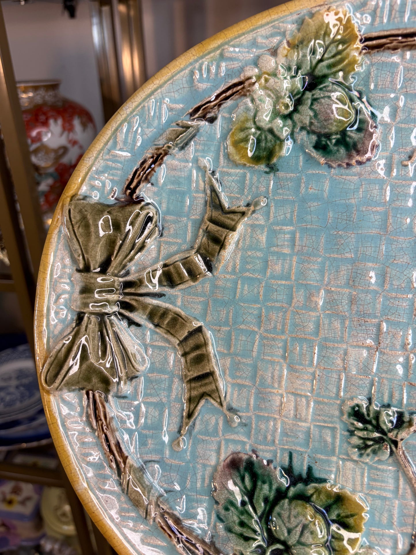 Antique Majolica platter with bows and strawberries!