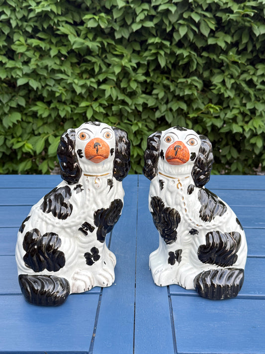 Antique 19th Century Staffordshire Dog Pair | 10" Tall, 5.5" Wide, Black & White with Red Mouths | Style DA4478