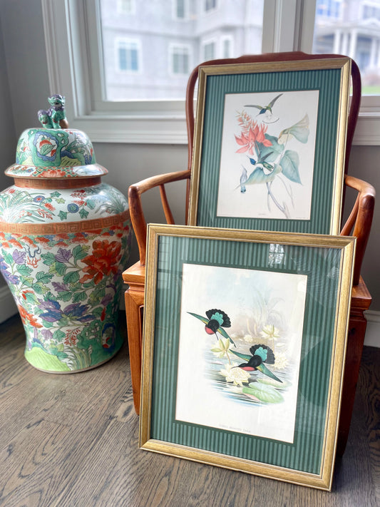 Vintage Pair Limited Edition Hummingbird Prints with Green Striped Matting & Gold Frames