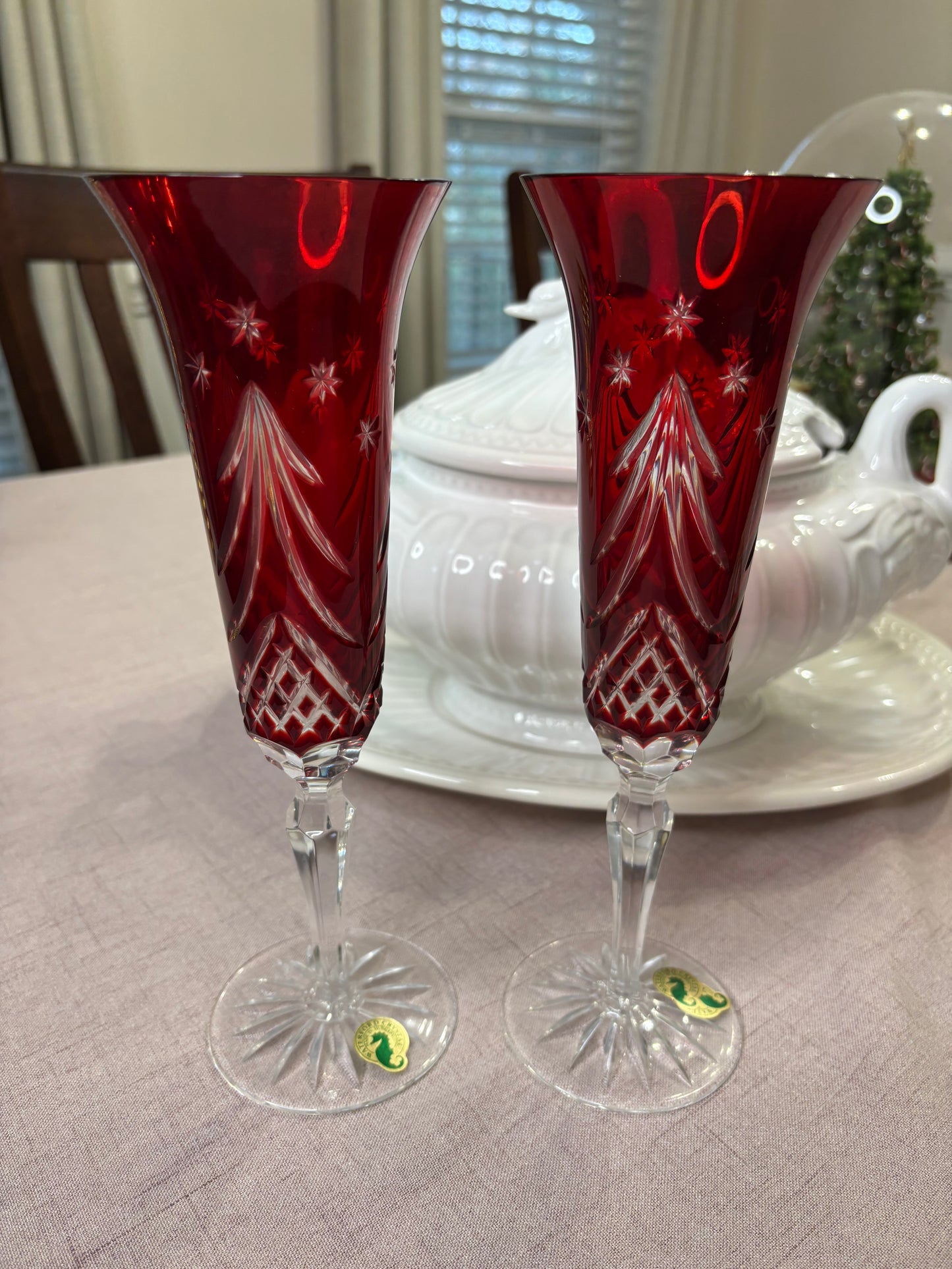Stunning Waterford Crystal Red Champagne Flutes pair!
