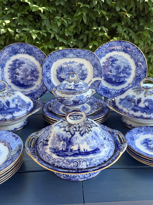 Antique c.1891–1902 Royal Doulton Geneva Blue Transferware Dinner Service | 23-Piece English Set