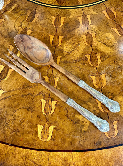 Vintage Web Silver Co. Ancestry Sterling Silver & Teak Salad Servers | c. 1950s