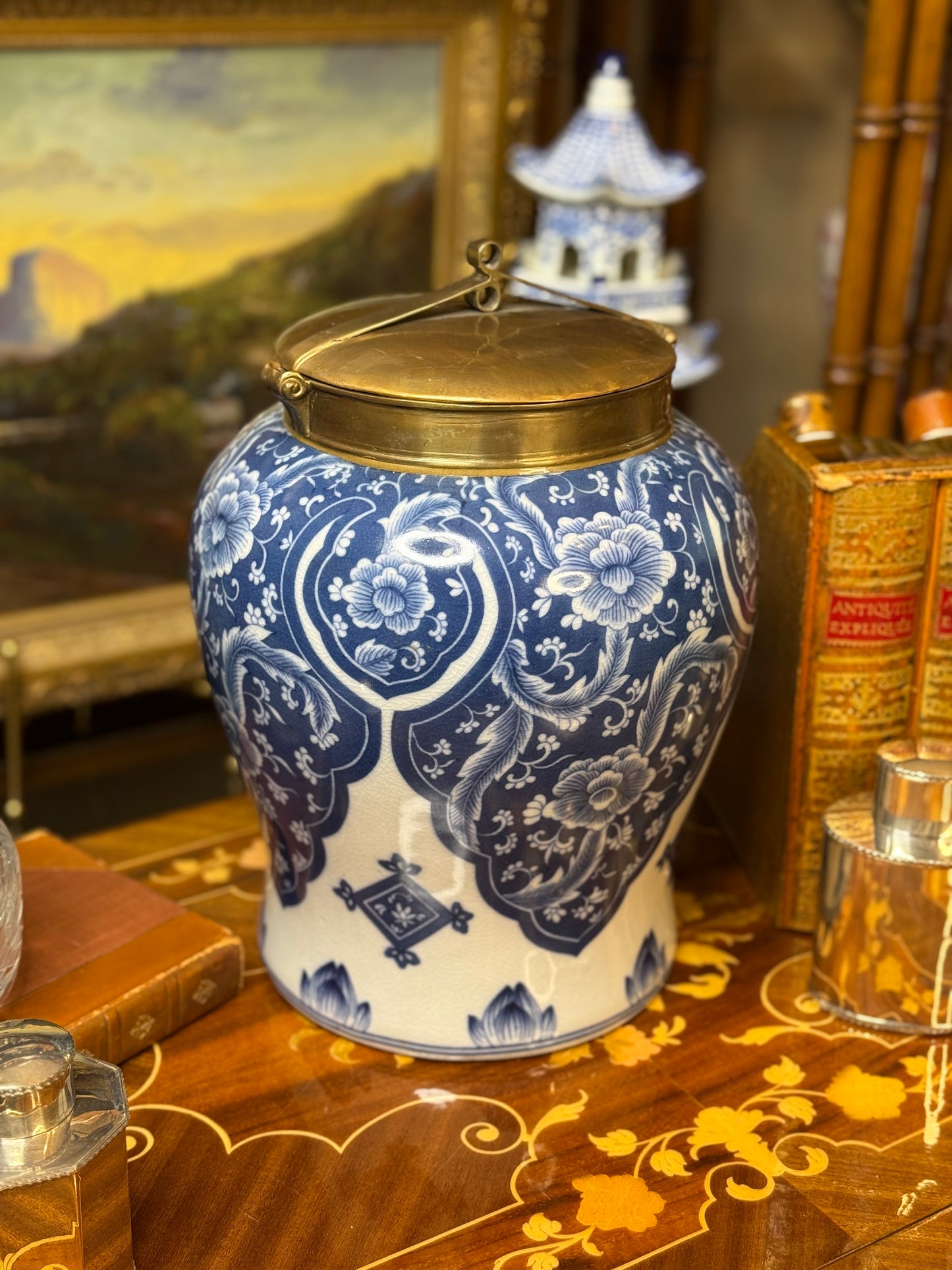 Danny's Fine Porcelain: 10” Tall Blue/White Porcelain Jar W/ Bronze Lid (2 sizes to choose)