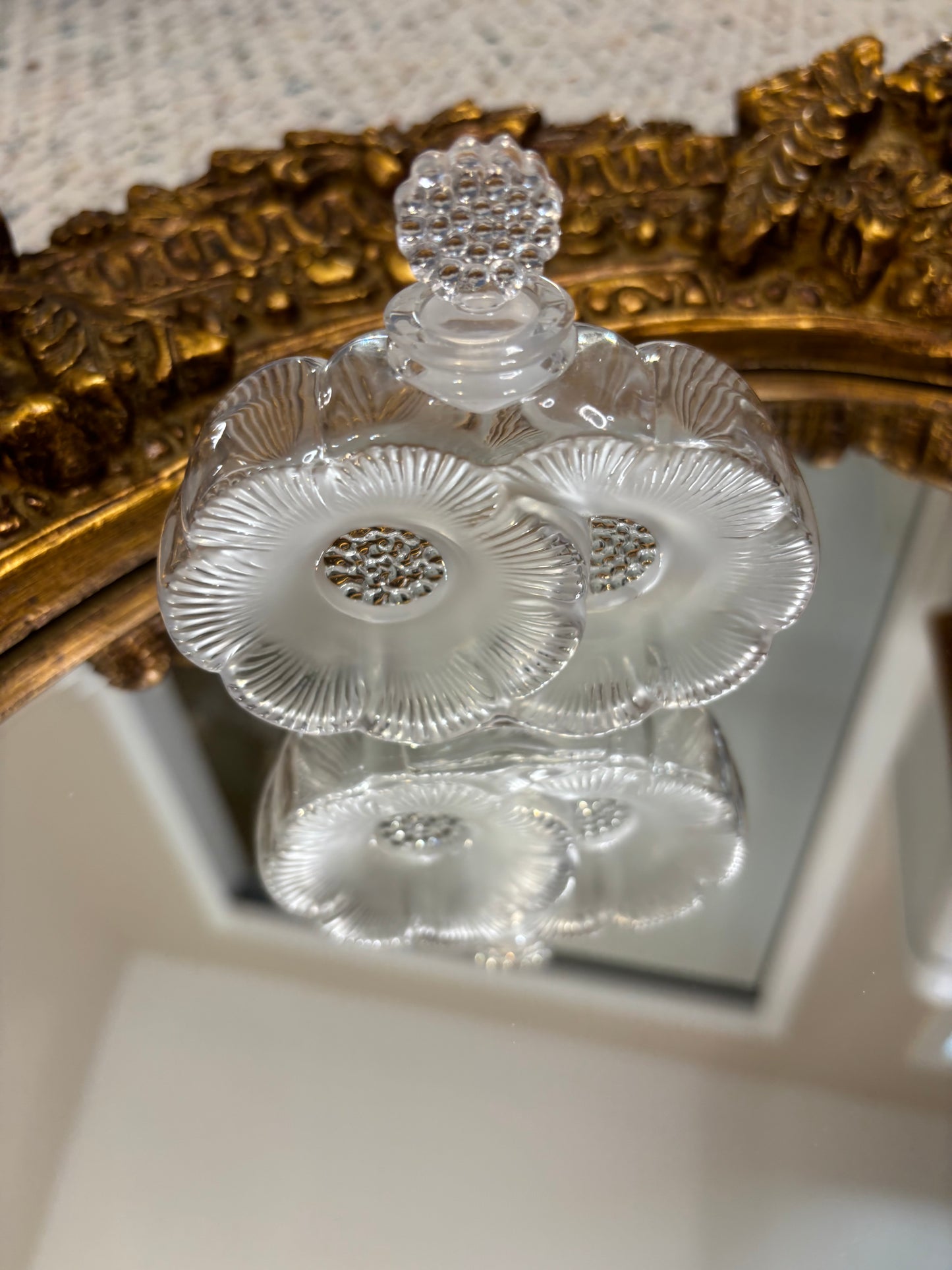 Stunning Lalique Double Flower perfume bottle with clear and satin finish!  In excellent condition! Measures 3 3/4” tall. Marked Lalique France on bottom.