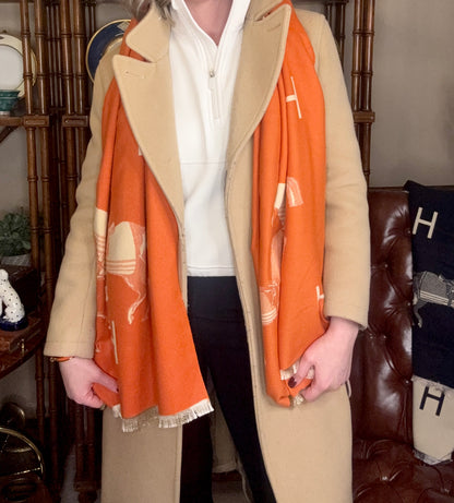 Luxe Large Equestrian Orange & Cream Reversible “H” Stable Scarf/ Wrap